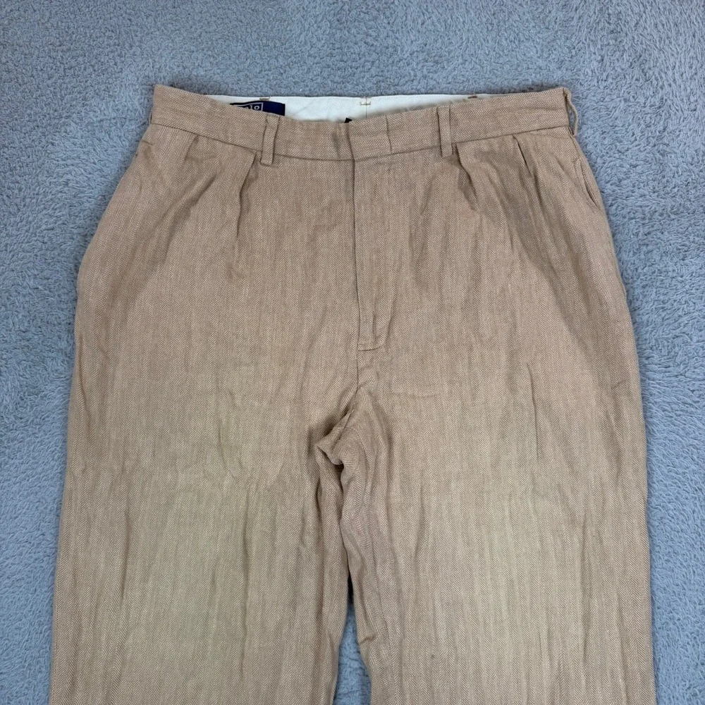 Vintage Polo Ralph Lauren Mens 35x32 Tan Herringbone Linen Cotton Pleated Cuffed